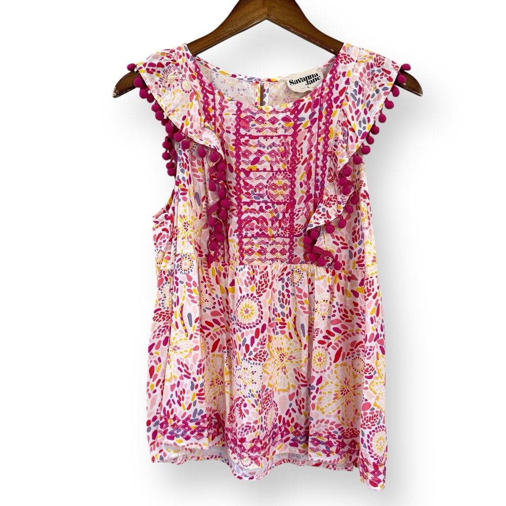 Savanna Jane Embroidered Pom Pom Blouse Womens Size S Pink Boho Colorful Girly